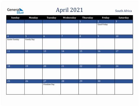 April 2021 Monthly Calendar With South Africa Holidays