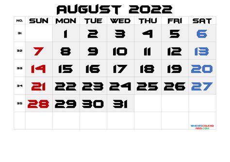 Printable August Calendar With Week Numbers