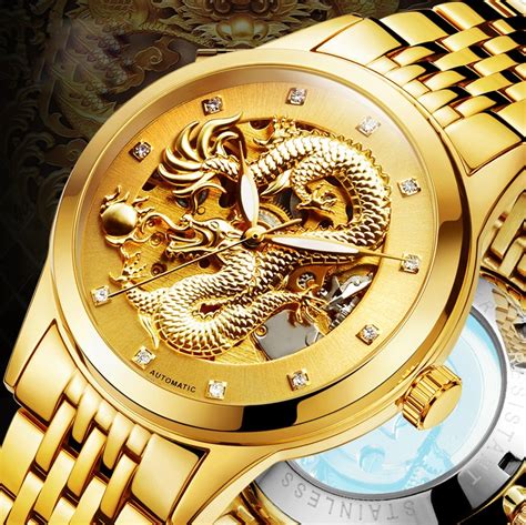 Luxury Chinese Dragon 3d Carving Gold Skeleton Mechanical Automatic