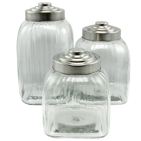 Cottage Chic 3 Piece Clear Glass Canister Set With Stainless Steel Lid