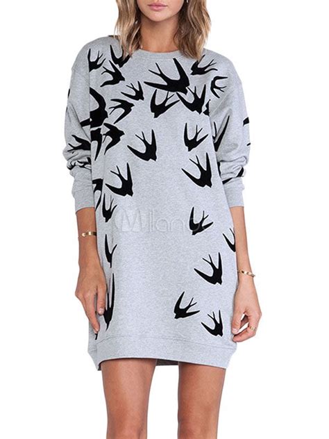 Bird Print Long Sweatshirt Long Sweaters For Women Grey Long Sleeve
