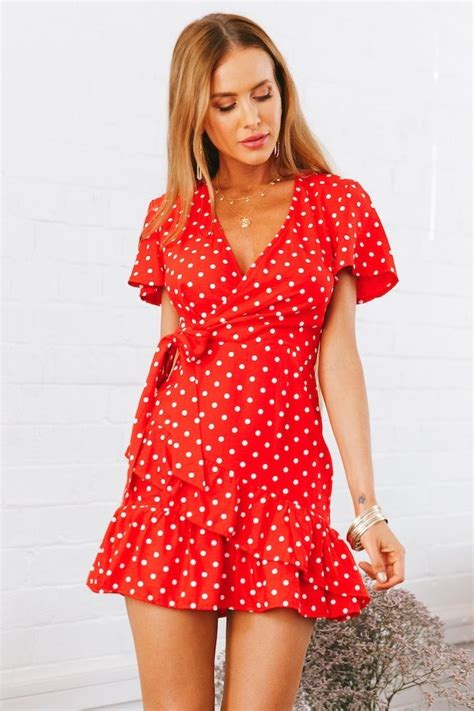 Beautiful Red V Neck Short Sleeve Ruffle Mini Polka Dot Wrap Dress