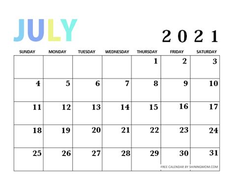 Printable Calendar July 2021