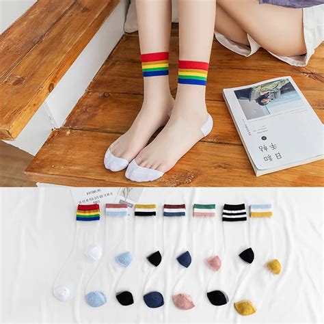 Rainbow Striped Transparent Sheer Ankle Socks Women Cute Crew Socks