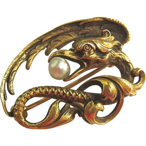 Exceptional 14k Gold Phoenix Or Dragon Pin Brooch Signed N