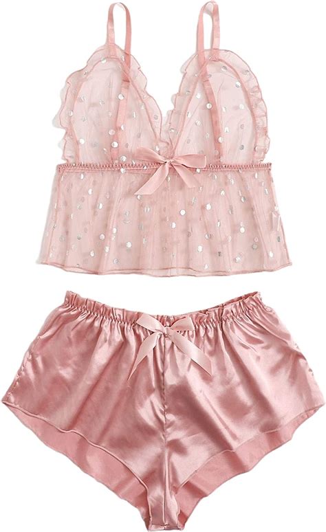 Makemechic Womens Sexy Lingerie Set Polka Dot Mesh Bralette And Satin Short 2 Piece Pajama Set