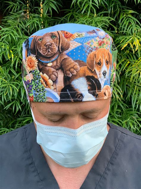 Puppy Scrub Cap With Buttons Surgical Cap Animal Lover Rn Etsy