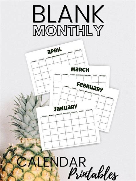 12 Month Printable Blank Calendar Monthly Calendar Printable Etsy
