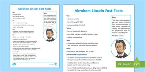 Abraham Lincoln Fast Facts Fact File For 3rd 5th Grade