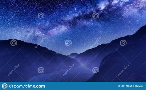 Starry Night Sky With Milky Way Over Mountain Lake Stock Illustration