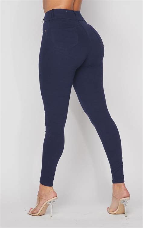 High Waisted Stretchy 2 Button Jeggings Navy Blue