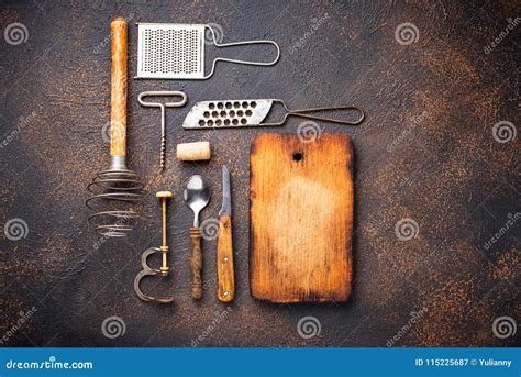 Old Vintage Kitchen Utensils On Rusty Background Stock Image Image Of