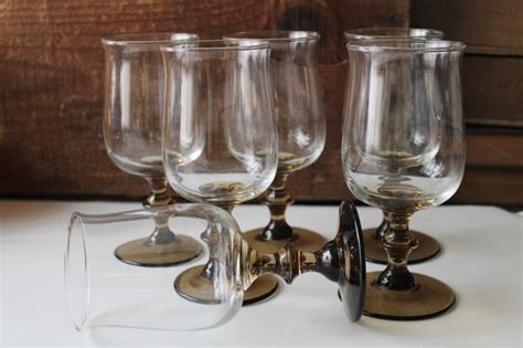Vintage Libbey Tulip Shape Water Goblets Or Wine Glasses Brown Stems W Clear Bowls