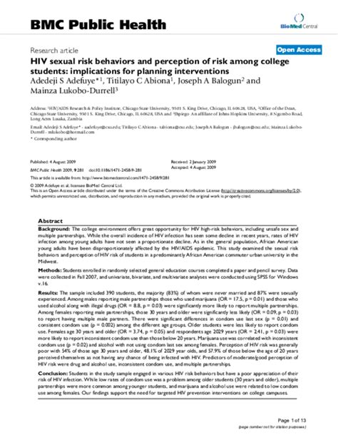 Pdf Bmc Public Health Hiv Sexual Risk Behaviors And Perception Of