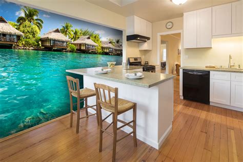 This is a tranquil and relaxing design of a white sandy beach and aqua blue. tropical wall mural in the kitchen | Beach wall murals ...