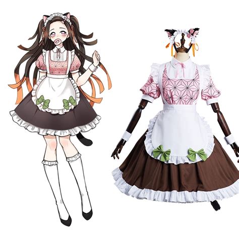 Anime Demon Slayer Kamado Nezuko Cosplay Costume Cat Ear Maid Lolita D