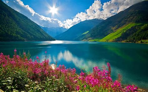 Hd Wallpaper Body Of Water Nature Landscape Mountains River Sun