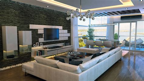 Modern Stone Feature Wall Living Room Interior Design Ideas