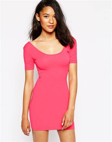 Lyst American Apparel Short Sleeve Bodycon Dress With Low Dress In Pink