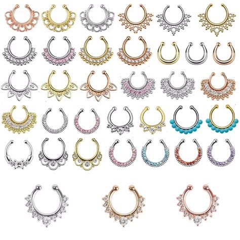 Christmas Punk Taboo Gold None Piercing Fake Septum Nose Ring Clip Silver Indian Fake Crystal
