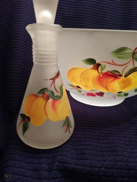 S Hand Painted Frosted Glass Salad Bowl With Oil Vinegar Cruets W