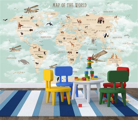 World Map Wall Mural Children Map With Jungle Animal Map Etsy