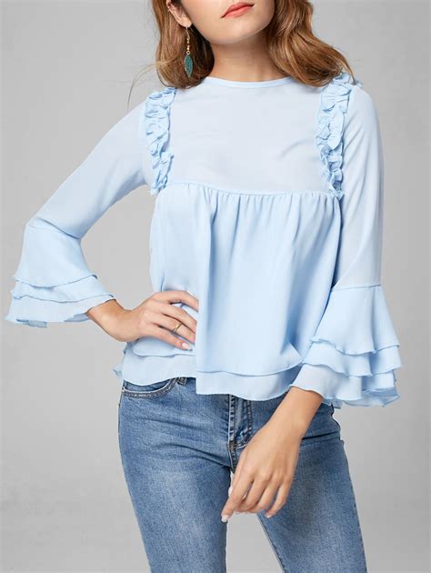 10 Off Flare Sleeve Tiered Chiffon Ruffle Blouse Rosegal