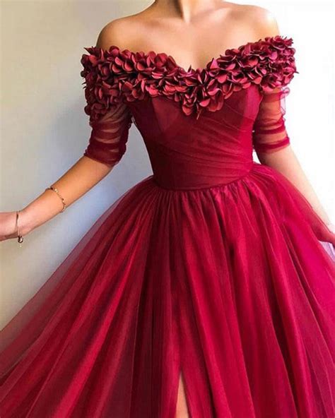 Long Off The Shoulder Red Tulle Dress Prom Party Gown With Slit Pl844 Siaoryne