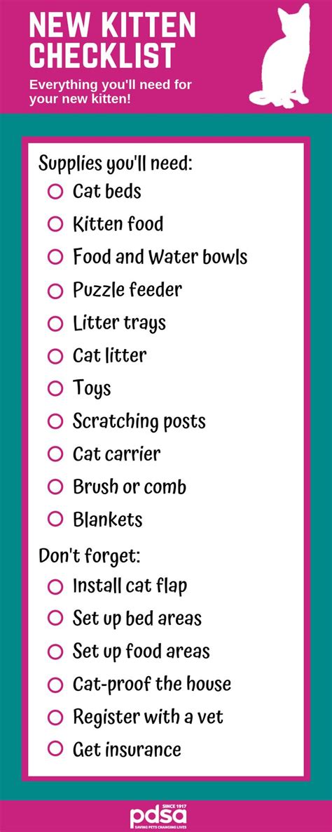 The New Kitten Checklist Is Shown In Pink And Blue With An Image Of A Cat