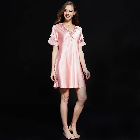 Ladies Sexy Silk Satin Nightgown Plus Size Lace Short Sleeve Women