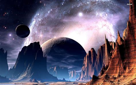 An Artists Rendering Of Planets In The Sky With Mountains Rocks And Stars
