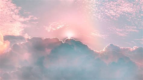 Download Wallpaper Clouds Porous Rainbow Sky Shine Rays Pastel