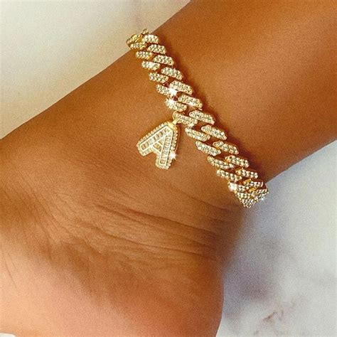 12mm Diy Gold Layered Initial Cuban Link Chain Iced Out Anklets For