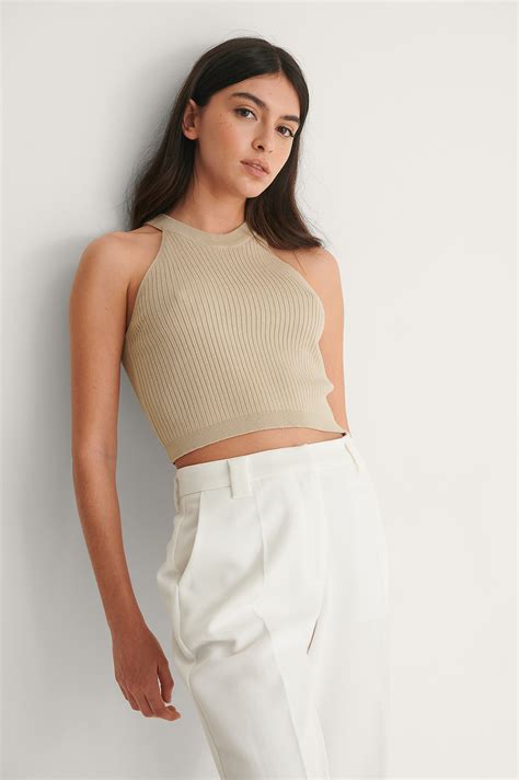 Ribbed High Neck Cropped Knitted Singlet Beige Na Kd