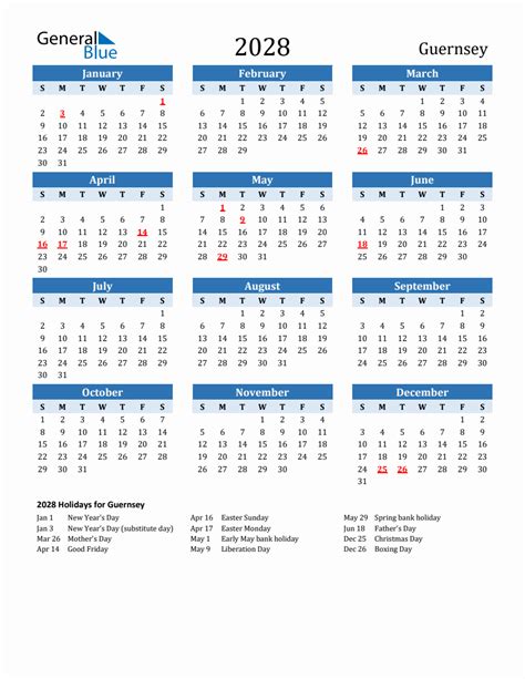 2028 Printable Calendar With Guernsey Holidays