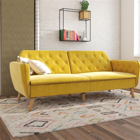 Novogratz Tallulah Memory Foam Futon And Couch Mustard Yellow Velvet