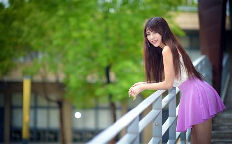 Wallpaper Asian Model Women Long Hair Dark Hair Depth Of Field Skirt White Shirt