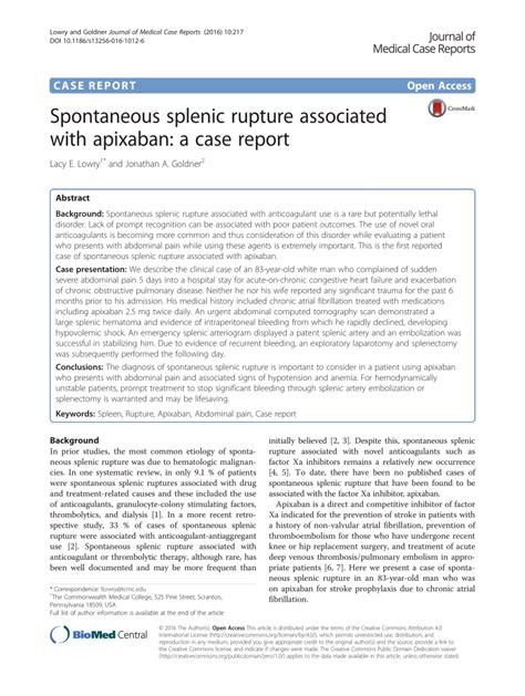 Pdf Spontaneous Splenic Rupture Associated With Apixaban A Case Report