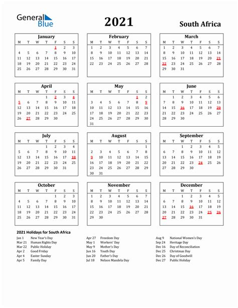 Free Printable 2021 South Africa Holiday Calendar