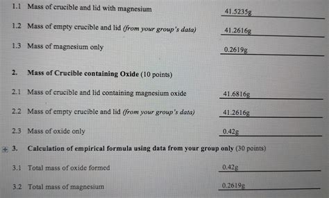 Solved 11 Mass Of Crucible And Lid With Magnesium 415235g