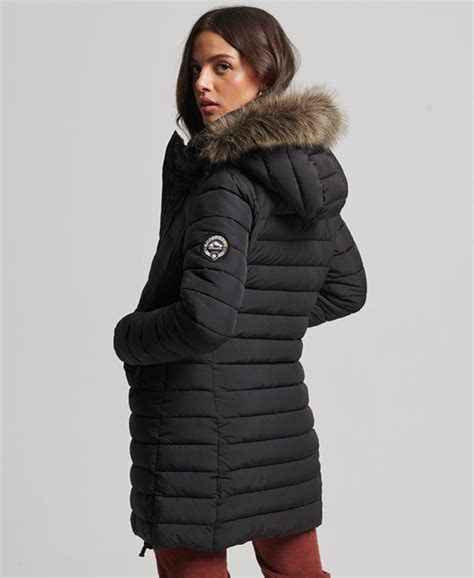Womens Faux Fur Hooded Mid Length Puffer Jacket In Black Superdry Ie
