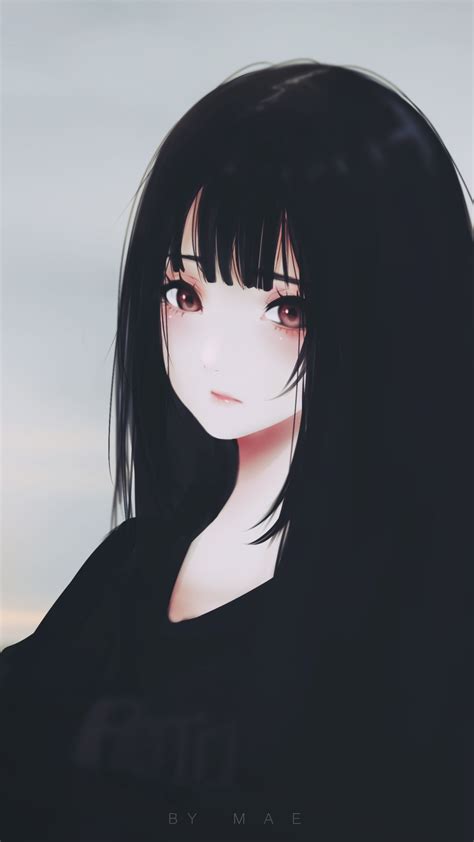 Download 1080x1920 Anime Girl Black Hair Sad Expression Semi