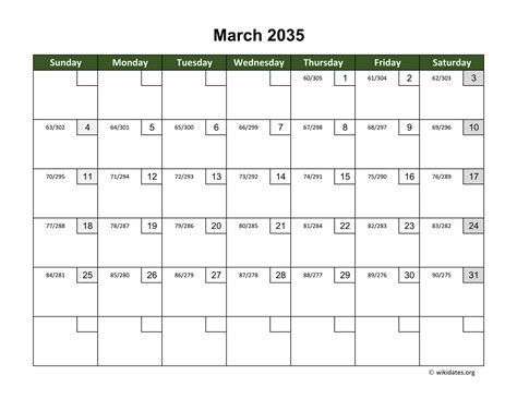 March 2035 Calendar With Day Numbers