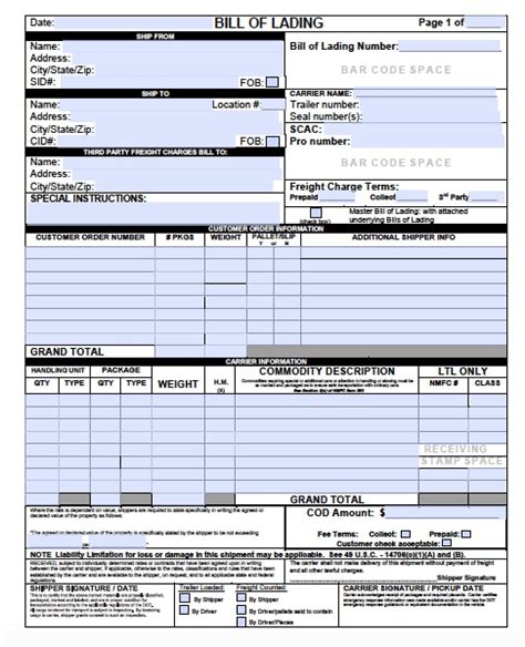 Printable Bill Of Lading Template Excel Printable Templates