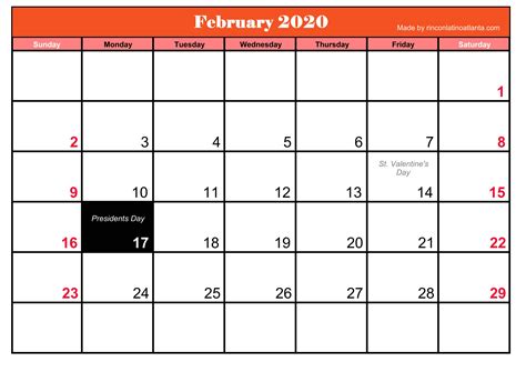 Printable Frebruary 2020 Calendar With Holidays Calendar Template