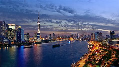 China Shanghai City Night Lights River Buildings City Light