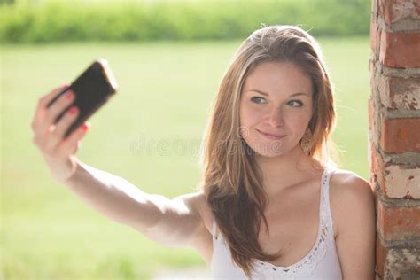 Young Redhead Woman Selfie Smartphone Outdoor Stock Image Image Of Female Beautiful 85421271