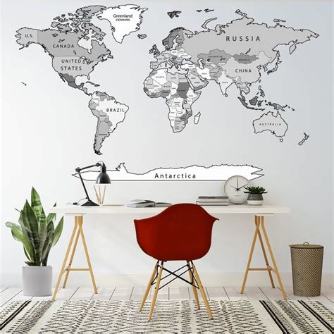 Grayscale World Map Decal Detailed Political World Map Decal Etsy