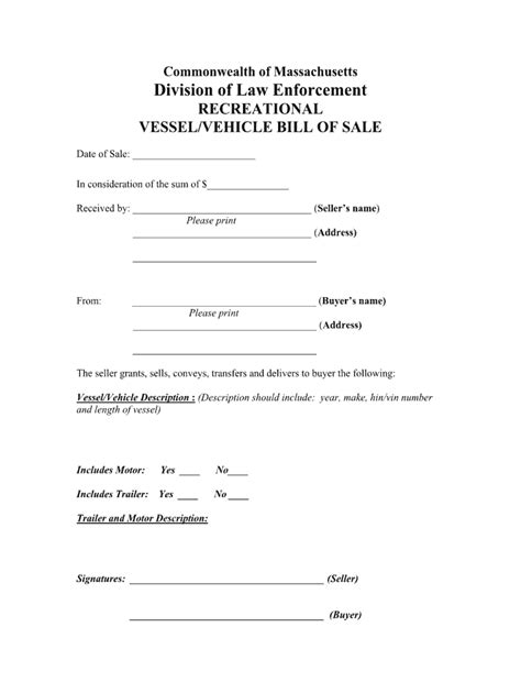 Ma Recreational Vesselvehicle Bill Of Sale Fill And Sign Printable