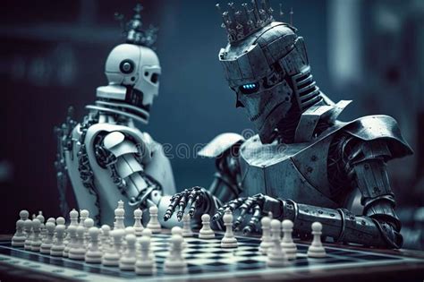 Robot Is Playing Chess At The Table Concept Of A Cyborg With